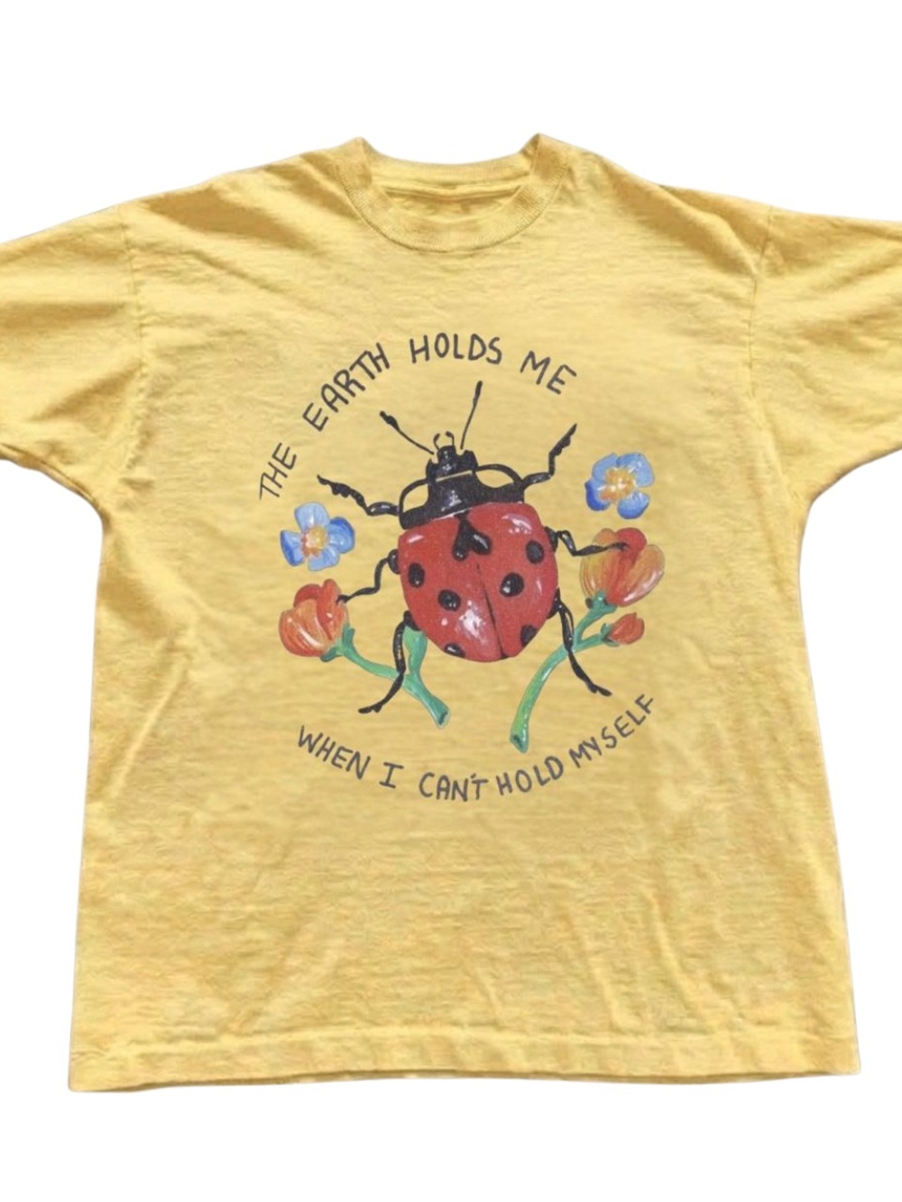 Gildan Yellow Graphic Tee with Ladybug and Floral Art